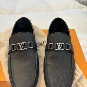 Louis Vuitton Black Leather Loafers with Silver Accent